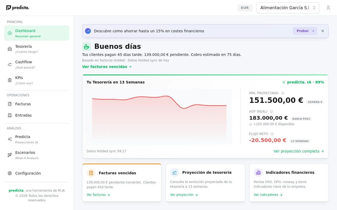 Dashboard de predicta. mostrando proyección de tesorería a 13 semanas